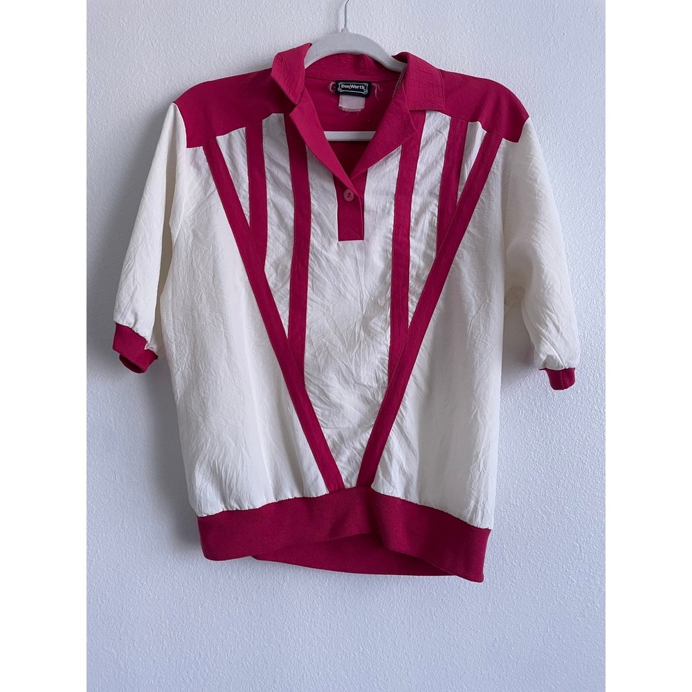 BonWorth Polo Top Women Large Vintage 80s Bowling Pink Cream Colorblock Striped